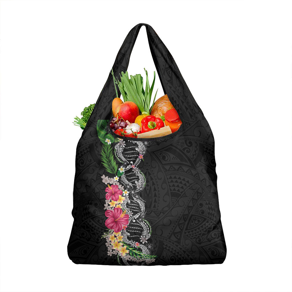 Hawaii DNA Kakau Tattoo Grocery Bag with Plumeria and Hibiscus Tropical Plants Black Color