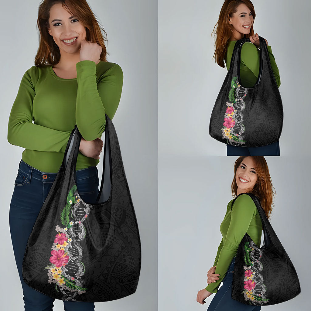 Hawaii DNA Kakau Tattoo Grocery Bag with Plumeria and Hibiscus Tropical Plants Black Color