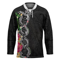 Hawaii DNA Kakau Tattoo Hockey Jersey with Plumeria and Hibiscus Tropical Plants Black Color