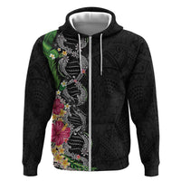 Hawaii DNA Kakau Tattoo Hoodie with Plumeria and Hibiscus Tropical Plants Black Color