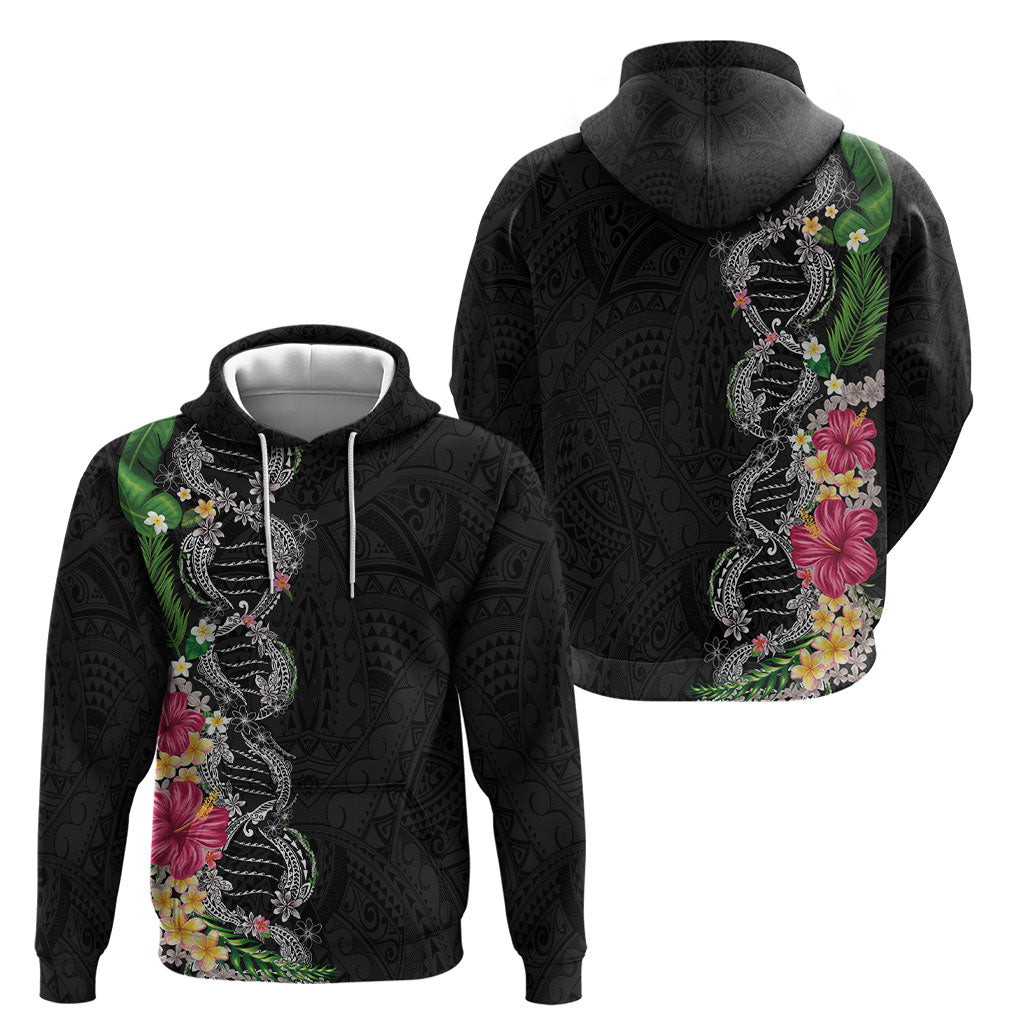 Hawaii DNA Kakau Tattoo Hoodie with Plumeria and Hibiscus Tropical Plants Black Color
