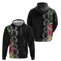 Hawaii DNA Kakau Tattoo Hoodie with Plumeria and Hibiscus Tropical Plants Black Color