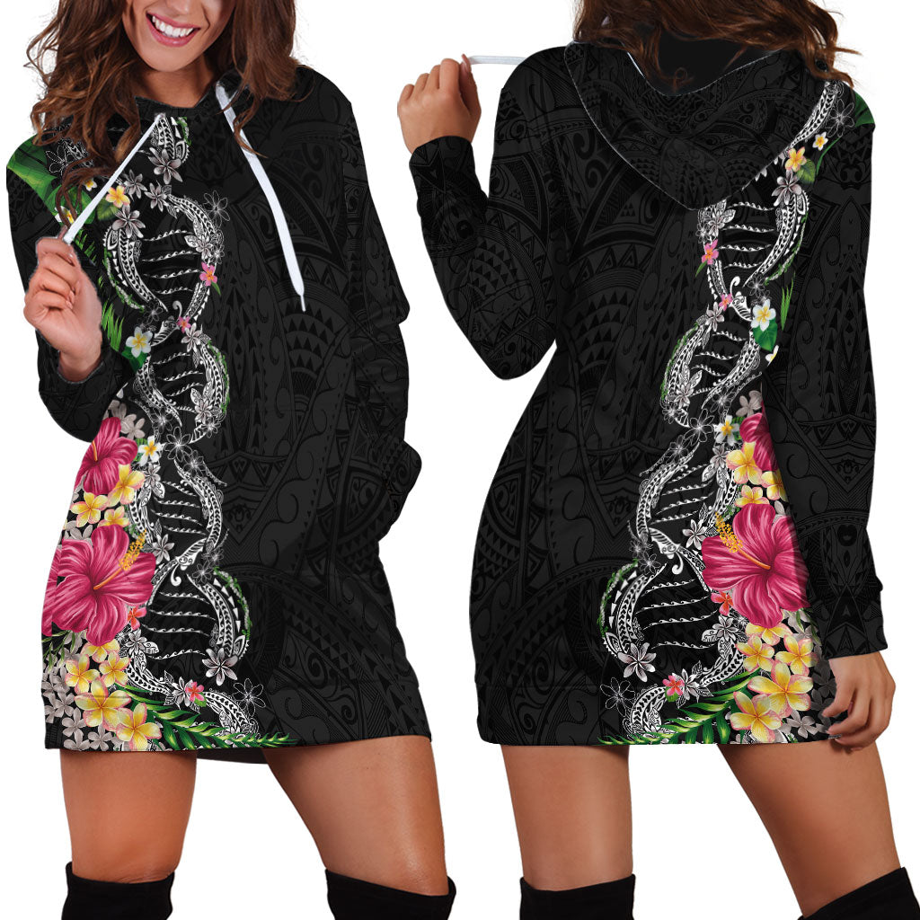 Hawaii DNA Kakau Tattoo Hoodie Dress with Plumeria and Hibiscus Tropical Plants Black Color