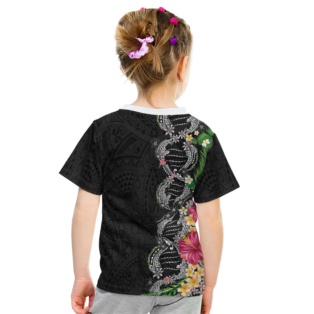 Hawaii DNA Kakau Tattoo Kid T Shirt with Plumeria and Hibiscus Tropical Plants Black Color