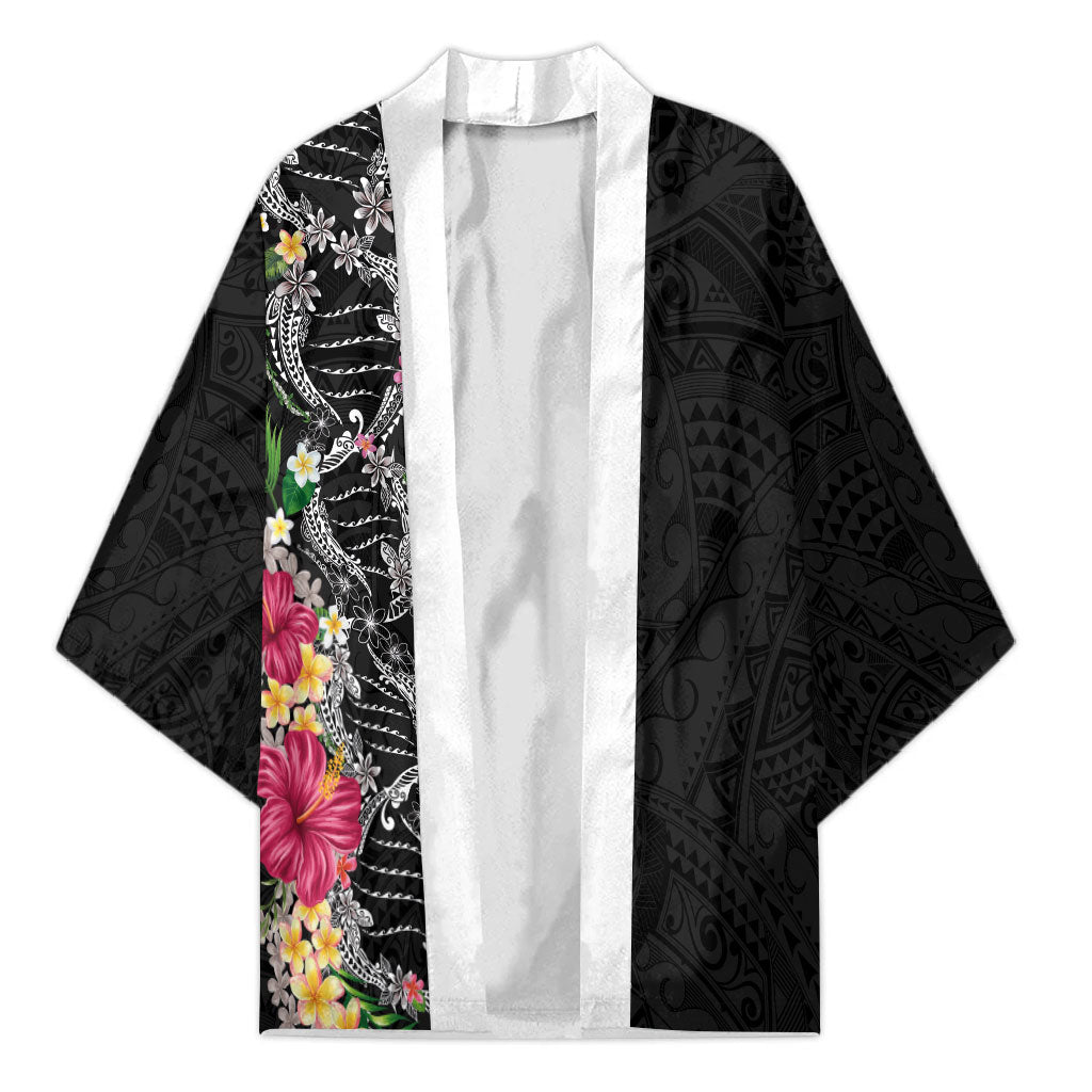 Hawaii DNA Kakau Tattoo Kimono with Plumeria and Hibiscus Tropical Plants Black Color