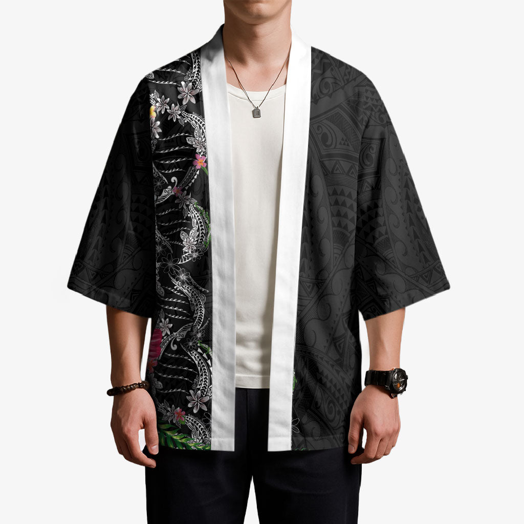 Hawaii DNA Kakau Tattoo Kimono with Plumeria and Hibiscus Tropical Plants Black Color