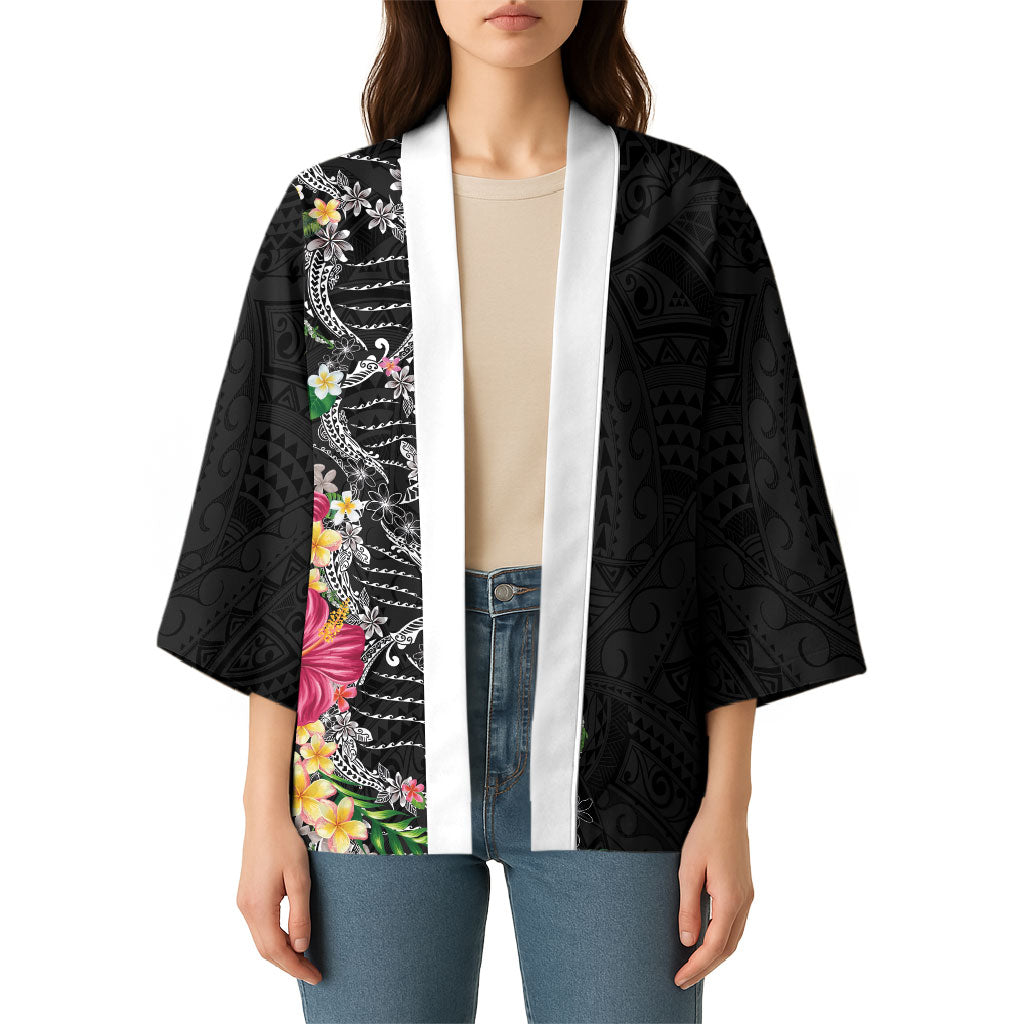 Hawaii DNA Kakau Tattoo Kimono with Plumeria and Hibiscus Tropical Plants Black Color