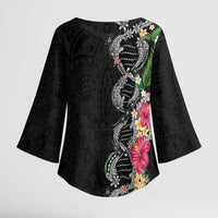 Hawaii DNA Kakau Tattoo Kimono Sleeve Blouse with Plumeria and Hibiscus Tropical Plants Black Color