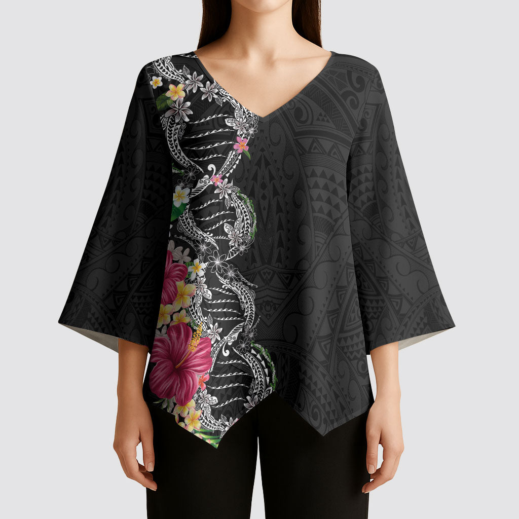 Hawaii DNA Kakau Tattoo Kimono Sleeve Blouse with Plumeria and Hibiscus Tropical Plants Black Color