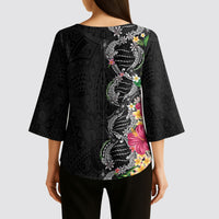 Hawaii DNA Kakau Tattoo Kimono Sleeve Blouse with Plumeria and Hibiscus Tropical Plants Black Color