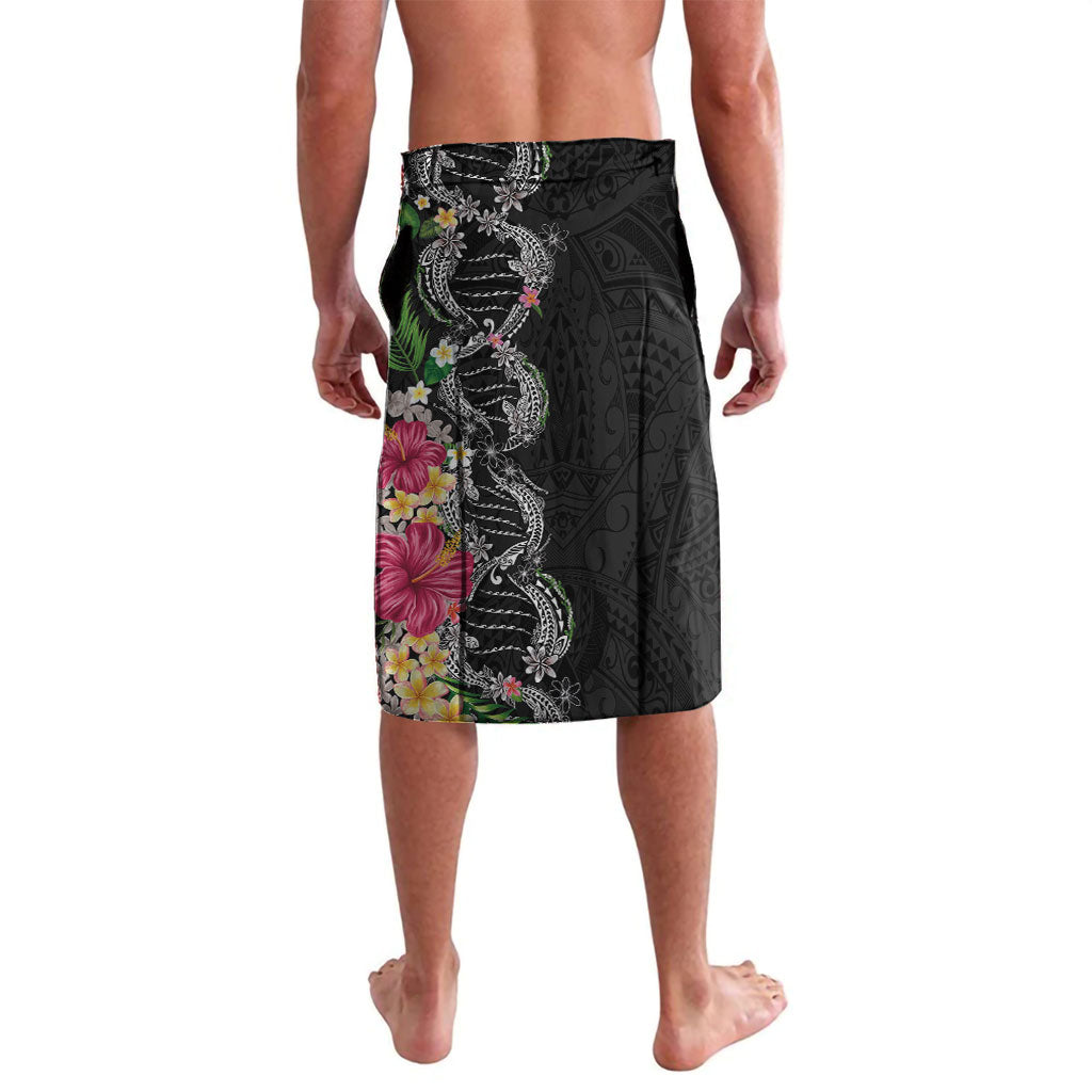 Hawaii DNA Kakau Tattoo Lavalava with Plumeria and Hibiscus Tropical Plants Black Color
