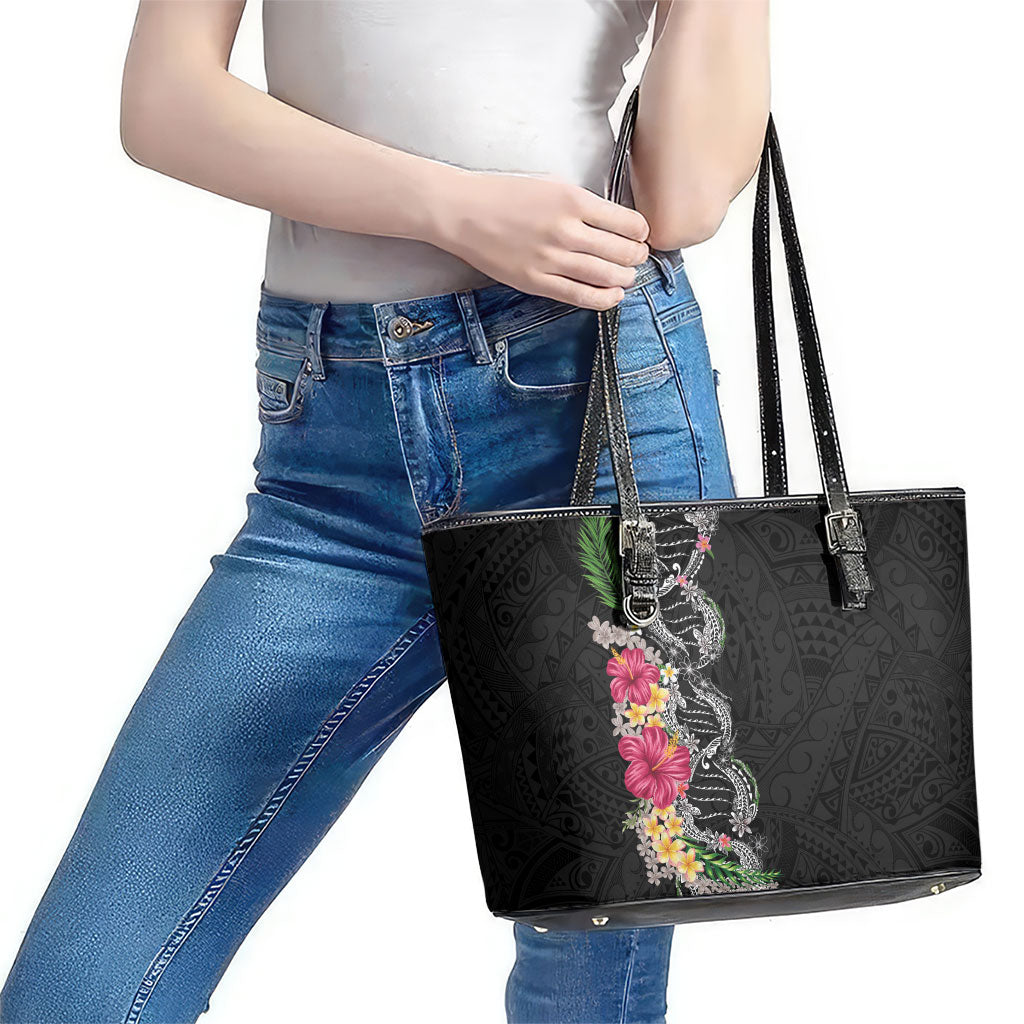 Hawaii DNA Kakau Tattoo Leather Tote Bag with Plumeria and Hibiscus Tropical Plants Black Color