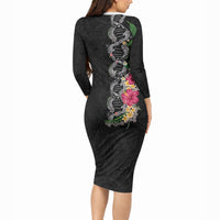 Hawaii DNA Kakau Tattoo Long Sleeve Bodycon Dress with Plumeria and Hibiscus Tropical Plants Black Color