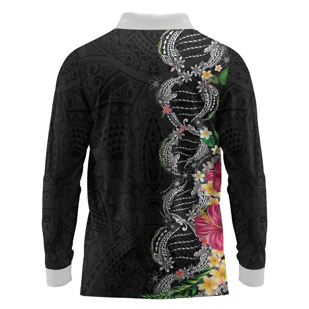 Hawaii DNA Kakau Tattoo Long Sleeve Polo Shirt with Plumeria and Hibiscus Tropical Plants Black Color