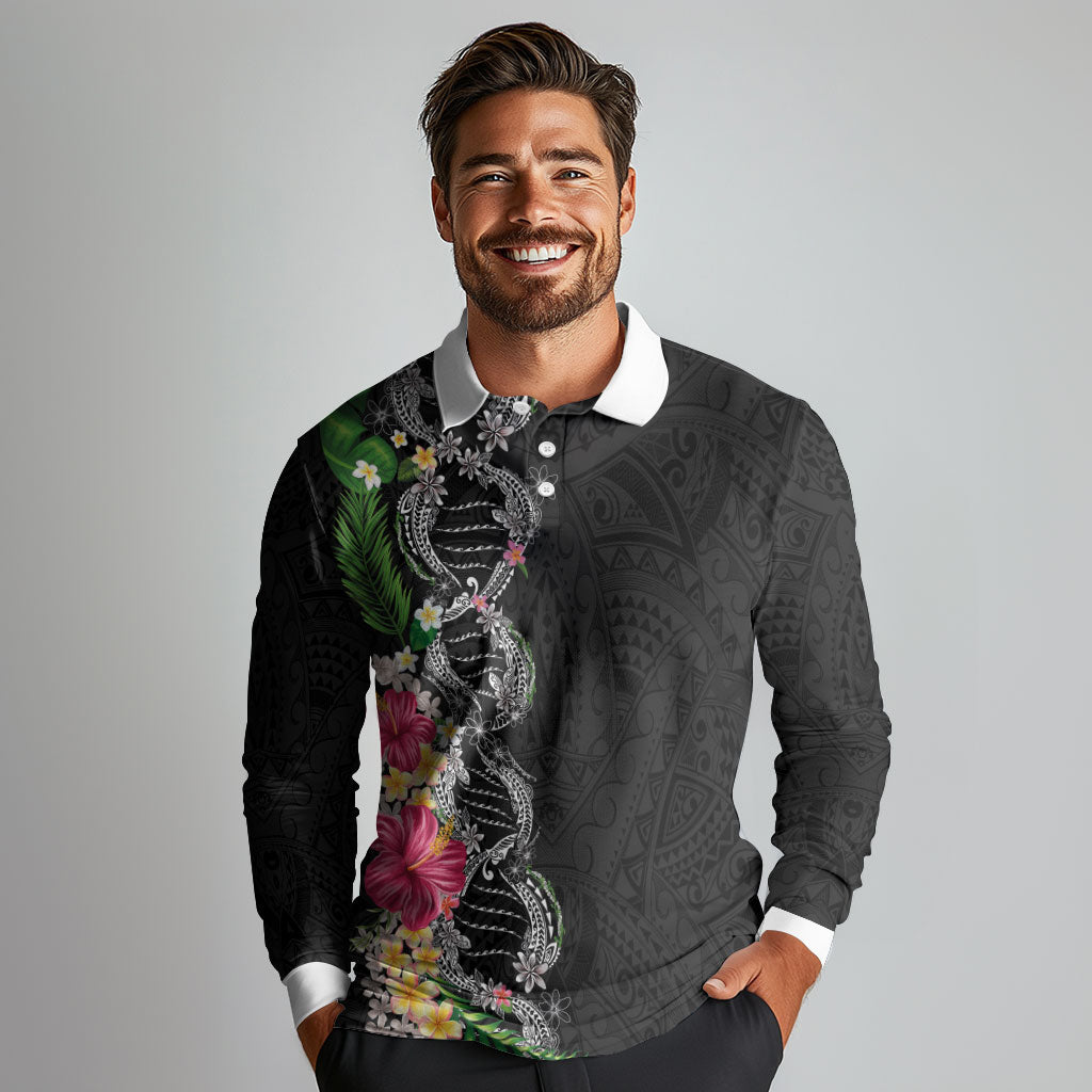 Hawaii DNA Kakau Tattoo Long Sleeve Polo Shirt with Plumeria and Hibiscus Tropical Plants Black Color