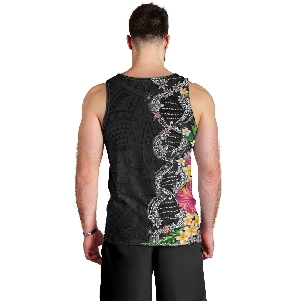 Hawaii DNA Kakau Tattoo Men Tank Top with Plumeria and Hibiscus Tropical Plants Black Color