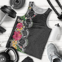 Hawaii DNA Kakau Tattoo Men Tank Top with Plumeria and Hibiscus Tropical Plants Black Color