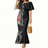Hawaii DNA Kakau Tattoo Mermaid Dress with Plumeria and Hibiscus Tropical Plants Black Color