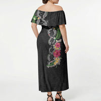 Hawaii DNA Kakau Tattoo Off Shoulder Maxi Dress with Plumeria and Hibiscus Tropical Plants Black Color