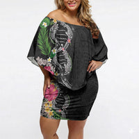 Hawaii DNA Kakau Tattoo Off Shoulder Short Dress with Plumeria and Hibiscus Tropical Plants Black Color