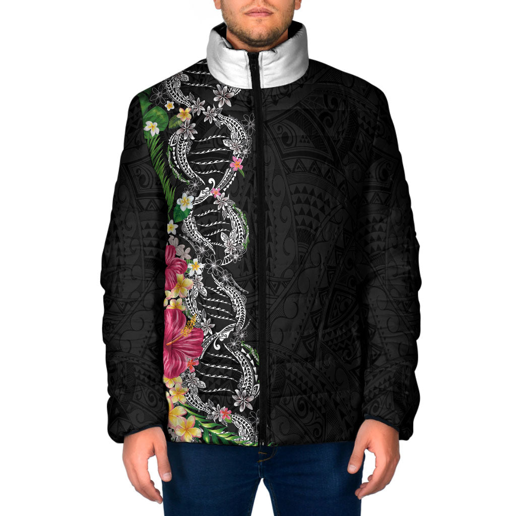 Hawaii DNA Kakau Tattoo Padded Jacket with Plumeria and Hibiscus Tropical Plants Black Color LT03 Men Black - Polynesian Pride