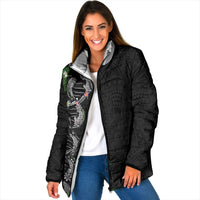 Hawaii DNA Kakau Tattoo Padded Jacket with Plumeria and Hibiscus Tropical Plants Black Color