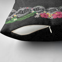Hawaii DNA Kakau Tattoo Pillow Cover with Plumeria and Hibiscus Tropical Plants Black Color