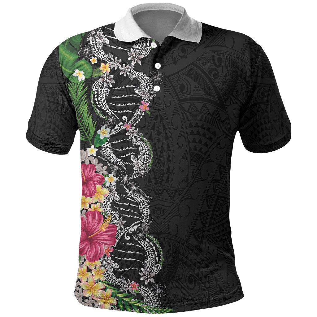 Hawaii DNA Kakau Tattoo Polo Shirt with Plumeria and Hibiscus Tropical Plants Black Color