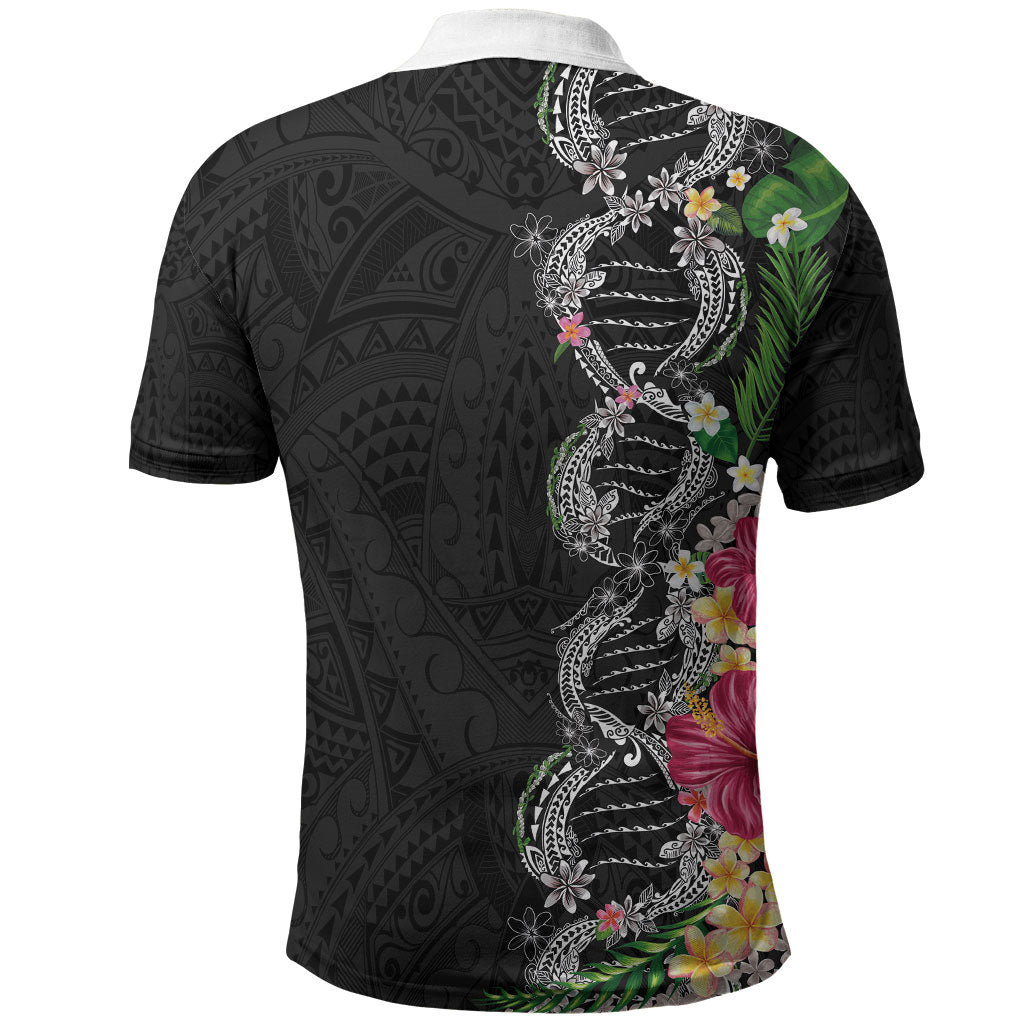 Hawaii DNA Kakau Tattoo Polo Shirt with Plumeria and Hibiscus Tropical Plants Black Color