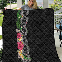 Hawaii DNA Kakau Tattoo Quilt with Plumeria and Hibiscus Tropical Plants Black Color