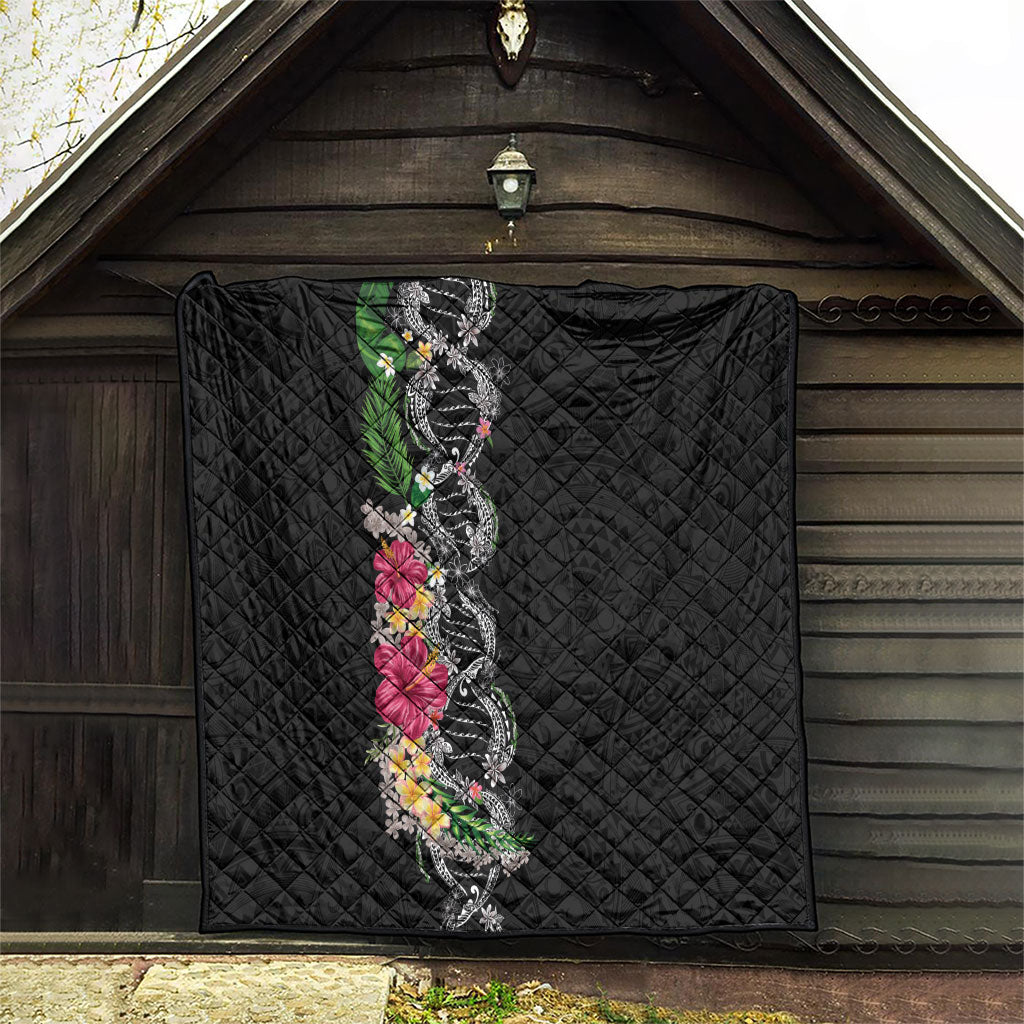 Hawaii DNA Kakau Tattoo Quilt with Plumeria and Hibiscus Tropical Plants Black Color