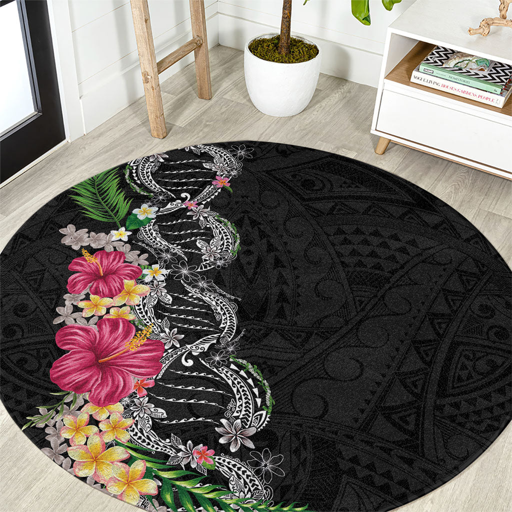 Hawaii DNA Kakau Tattoo Round Carpet with Plumeria and Hibiscus Tropical Plants Black Color