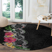 Hawaii DNA Kakau Tattoo Round Carpet with Plumeria and Hibiscus Tropical Plants Black Color