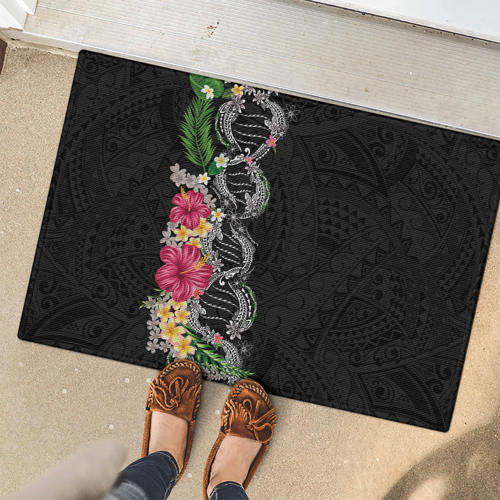 Hawaii DNA Kakau Tattoo Rubber Doormat with Plumeria and Hibiscus Tropical Plants Black Color