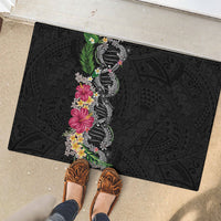 Hawaii DNA Kakau Tattoo Rubber Doormat with Plumeria and Hibiscus Tropical Plants Black Color