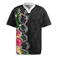 Hawaii DNA Kakau Tattoo Rugby Jersey with Plumeria and Hibiscus Tropical Plants Black Color