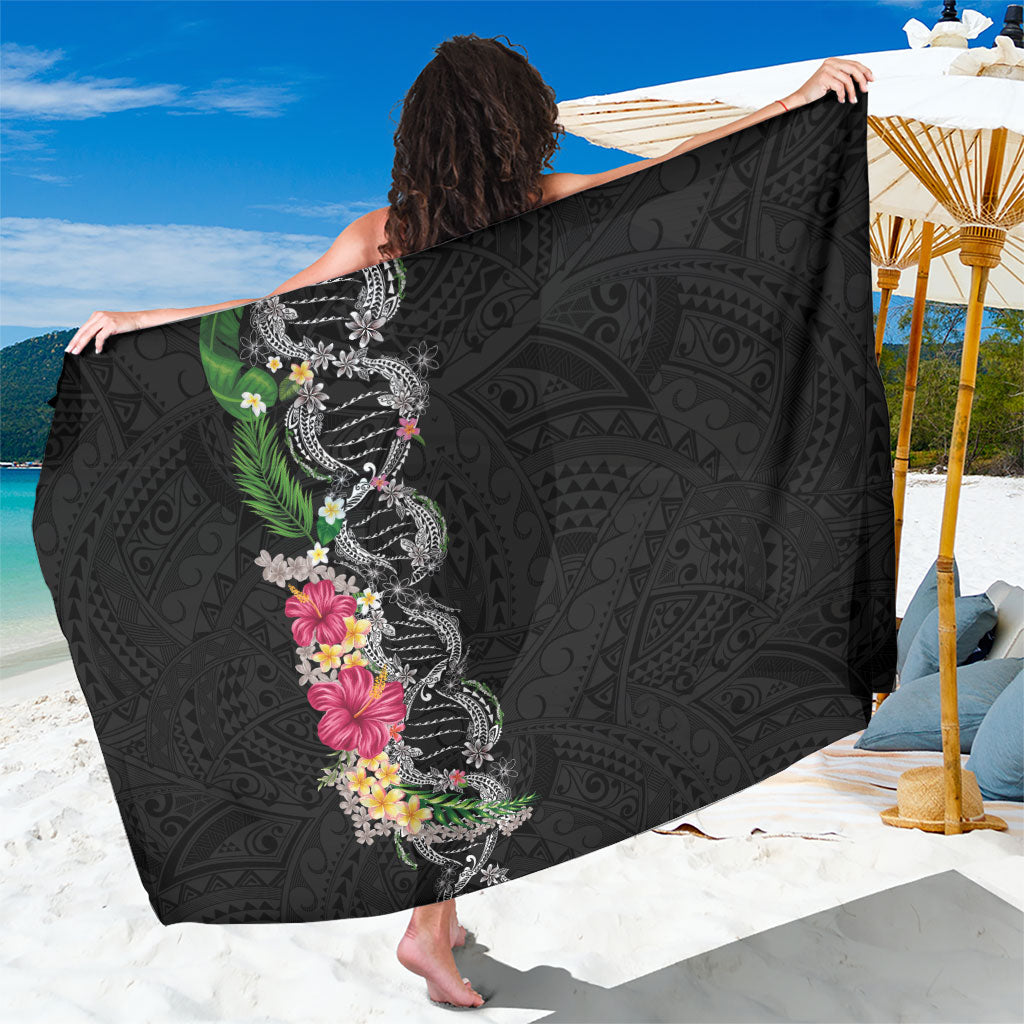 Hawaii DNA Kakau Tattoo Sarong with Plumeria and Hibiscus Tropical Plants Black Color