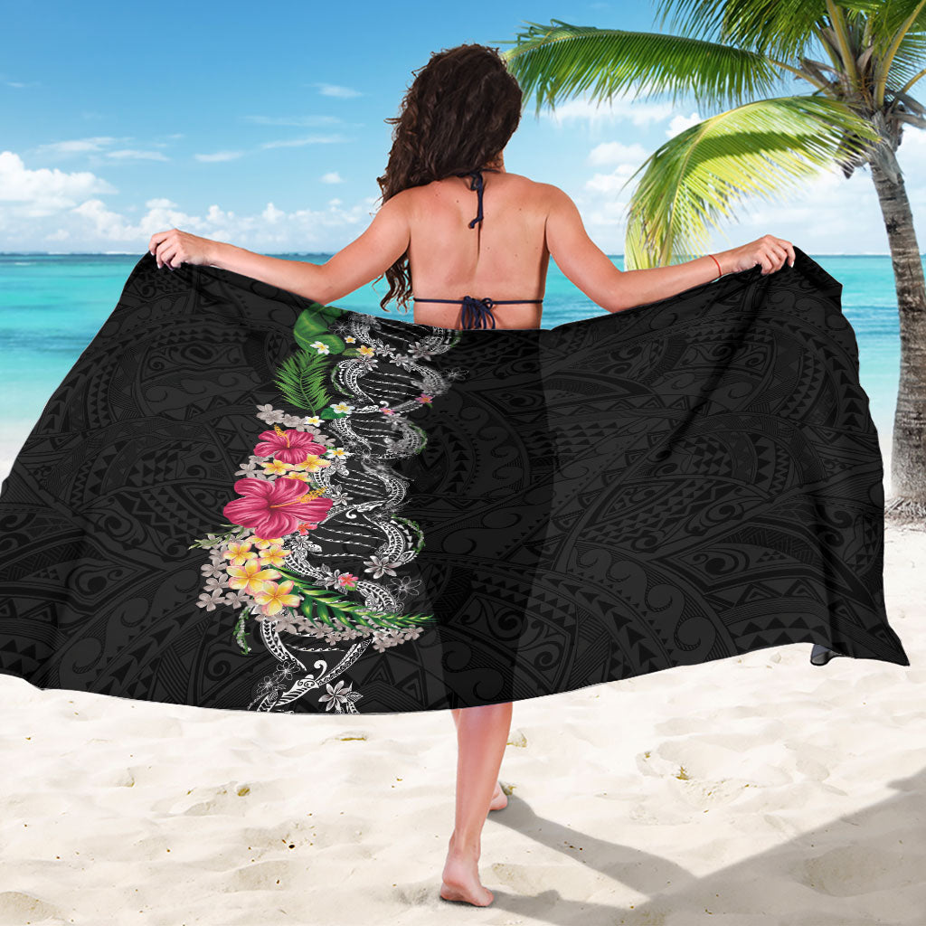 Hawaii DNA Kakau Tattoo Sarong with Plumeria and Hibiscus Tropical Plants Black Color