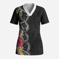 Hawaii DNA Kakau Tattoo Scrub Top with Plumeria and Hibiscus Tropical Plants Black Color