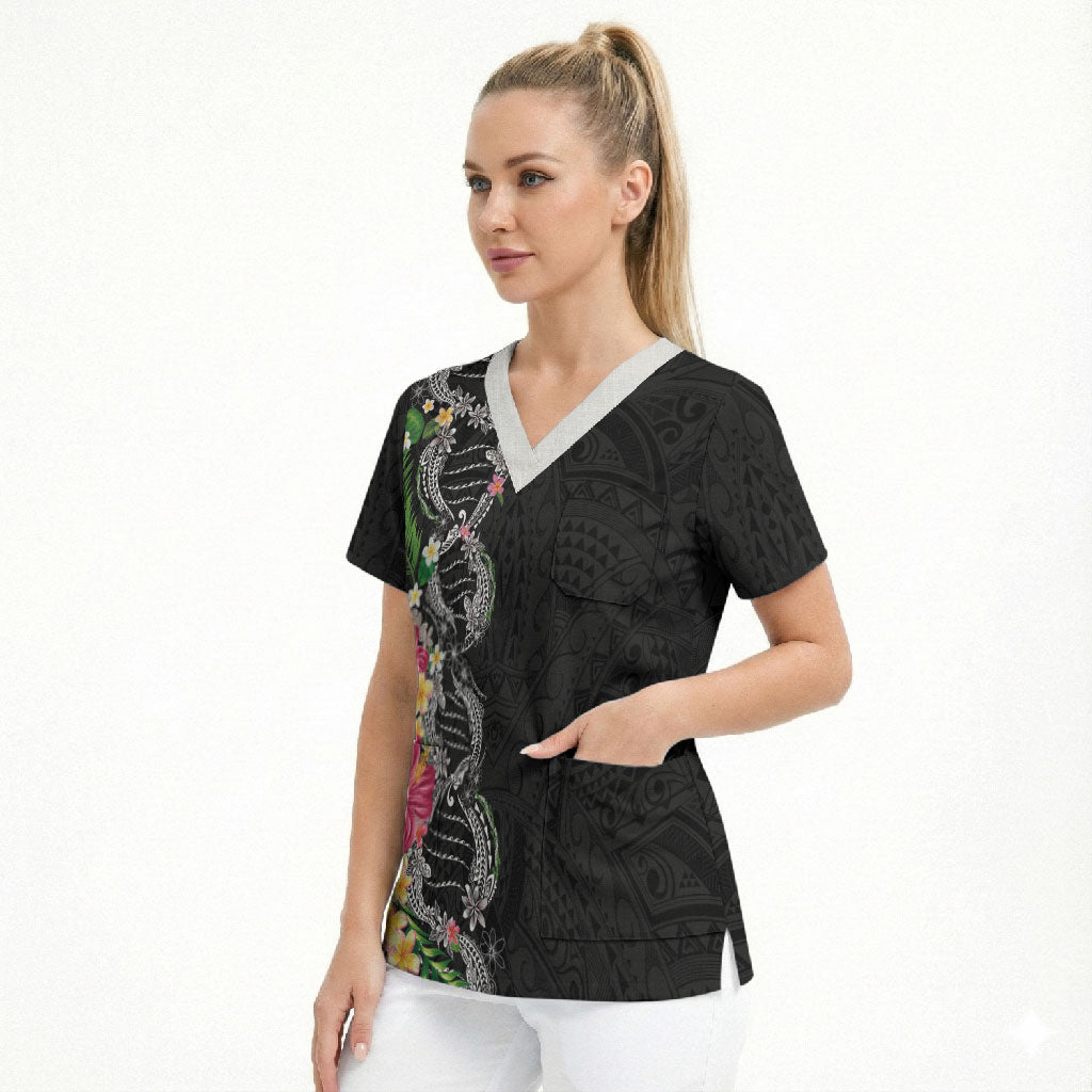 Hawaii DNA Kakau Tattoo Scrub Top with Plumeria and Hibiscus Tropical Plants Black Color