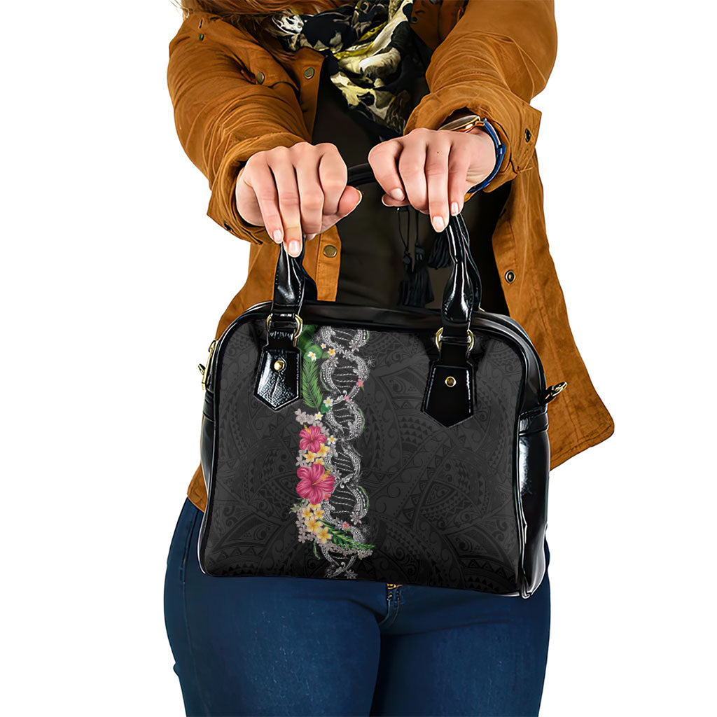 Hawaii DNA Kakau Tattoo Shoulder Handbag with Plumeria and Hibiscus Tropical Plants Black Color