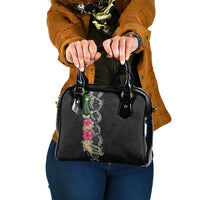 Hawaii DNA Kakau Tattoo Shoulder Handbag with Plumeria and Hibiscus Tropical Plants Black Color