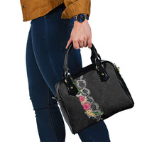 Hawaii DNA Kakau Tattoo Shoulder Handbag with Plumeria and Hibiscus Tropical Plants Black Color