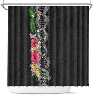 Hawaii DNA Kakau Tattoo Shower Curtain with Plumeria and Hibiscus Tropical Plants Black Color