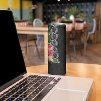 Hawaii DNA Kakau Tattoo Skinny Tumbler with Plumeria and Hibiscus Tropical Plants Black Color