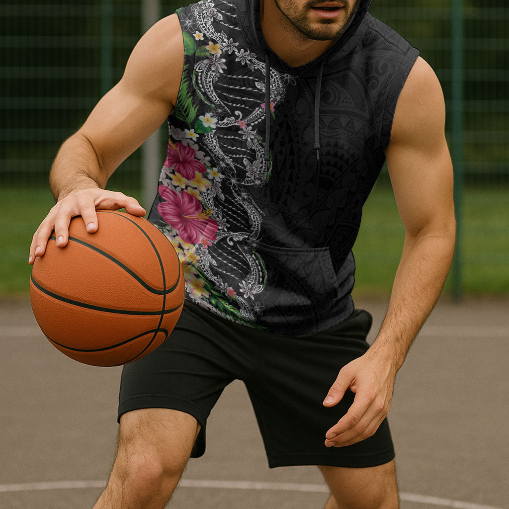 Hawaii DNA Kakau Tattoo Sleeveless Hoodie with Plumeria and Hibiscus Tropical Plants Black Color