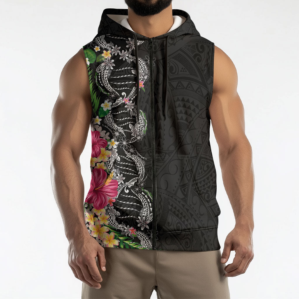 Hawaii DNA Kakau Tattoo Sleeveless Zip Hoodie with Plumeria and Hibiscus Tropical Plants Black Color