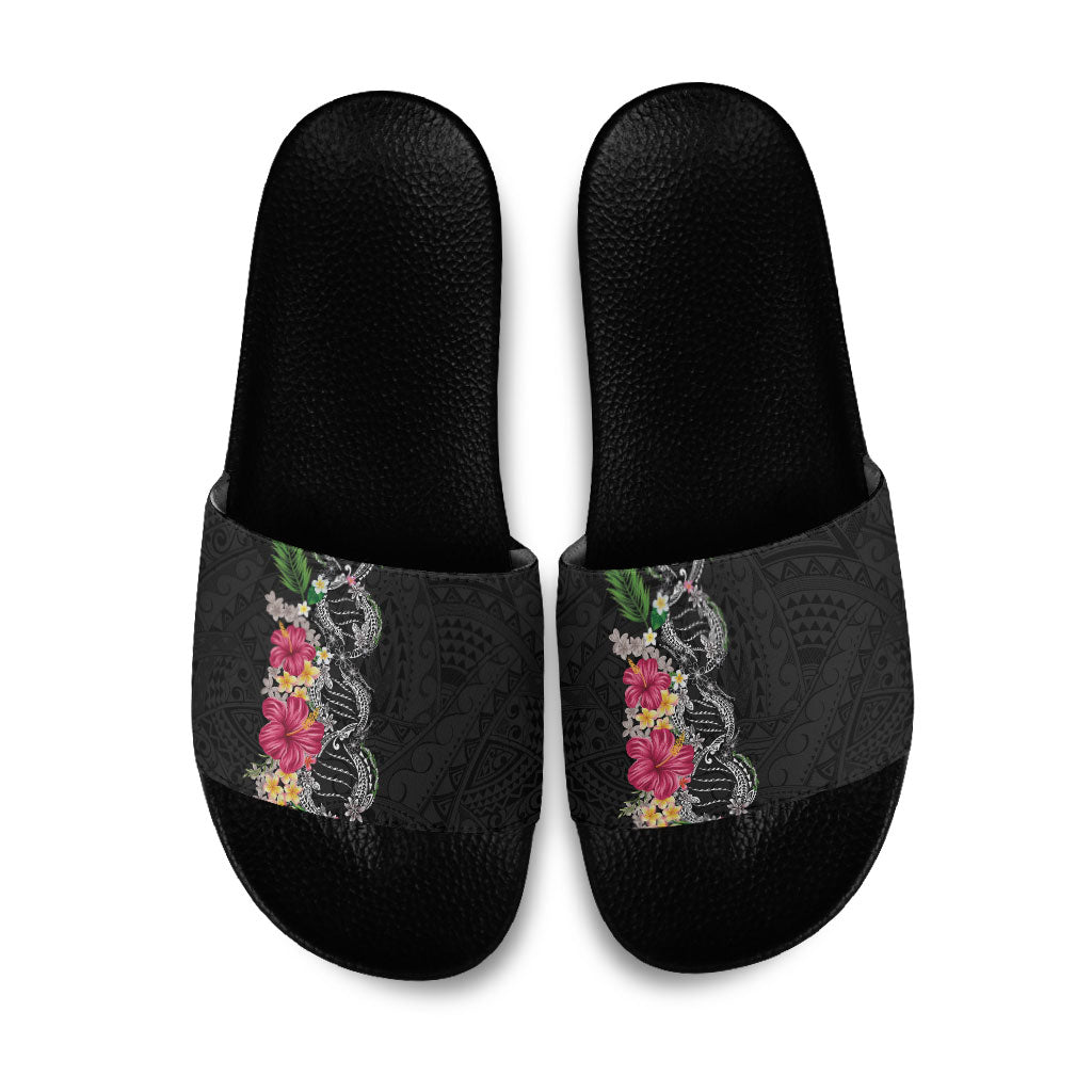 Hawaii DNA Kakau Tattoo Slide Sandals with Plumeria and Hibiscus Tropical Plants Black Color