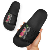 Hawaii DNA Kakau Tattoo Slide Sandals with Plumeria and Hibiscus Tropical Plants Black Color
