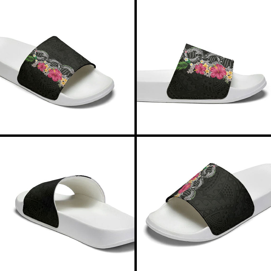 Hawaii DNA Kakau Tattoo Slide Sandals with Plumeria and Hibiscus Tropical Plants Black Color